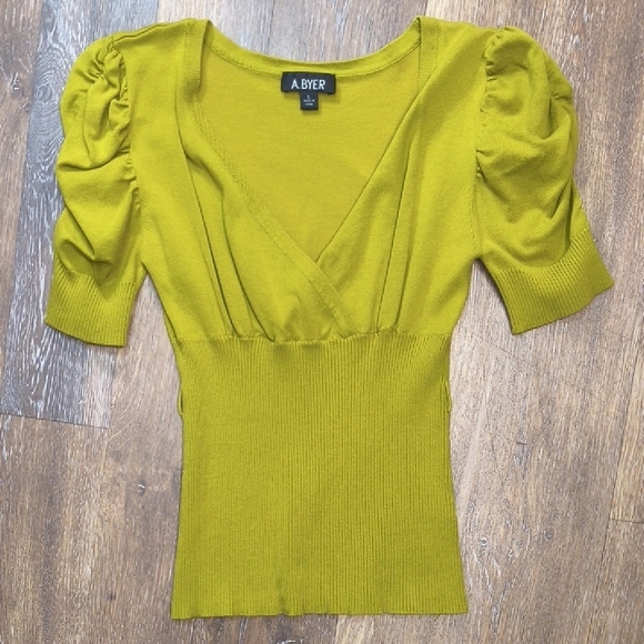 A. Byer Women's Chartreuse Puff Sleeve Blouse - Picture 2 of 5